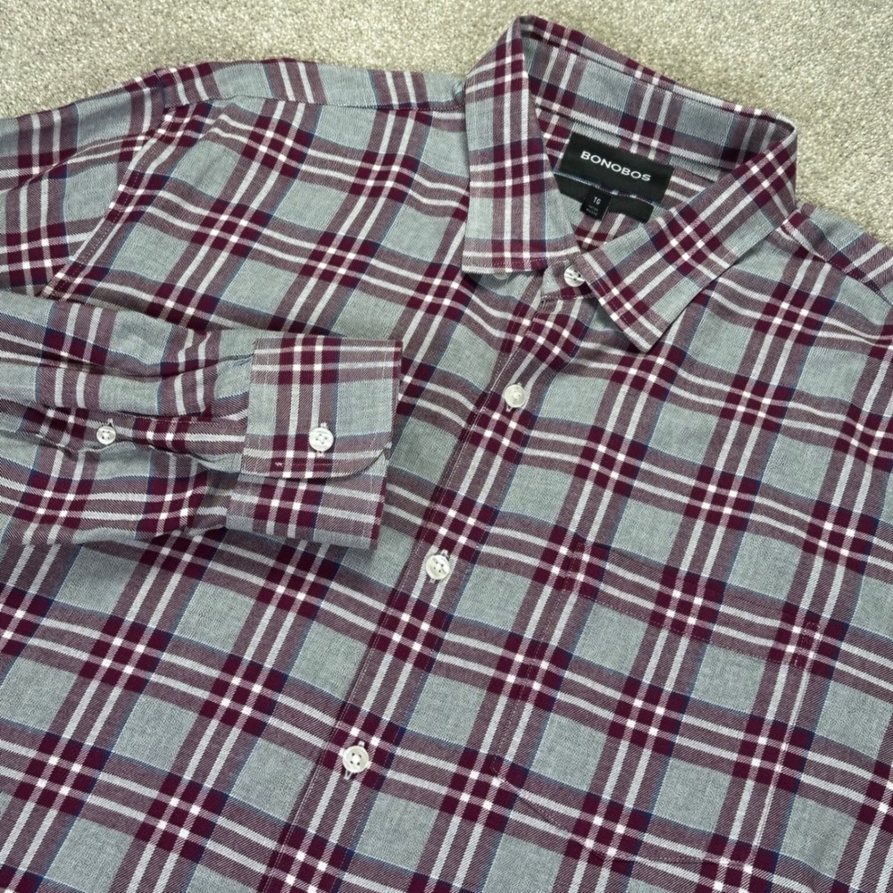 Bonobos Mens XL Button Down Shirt Grey Burgundy Plaid Slim Fit Cotton Preppy